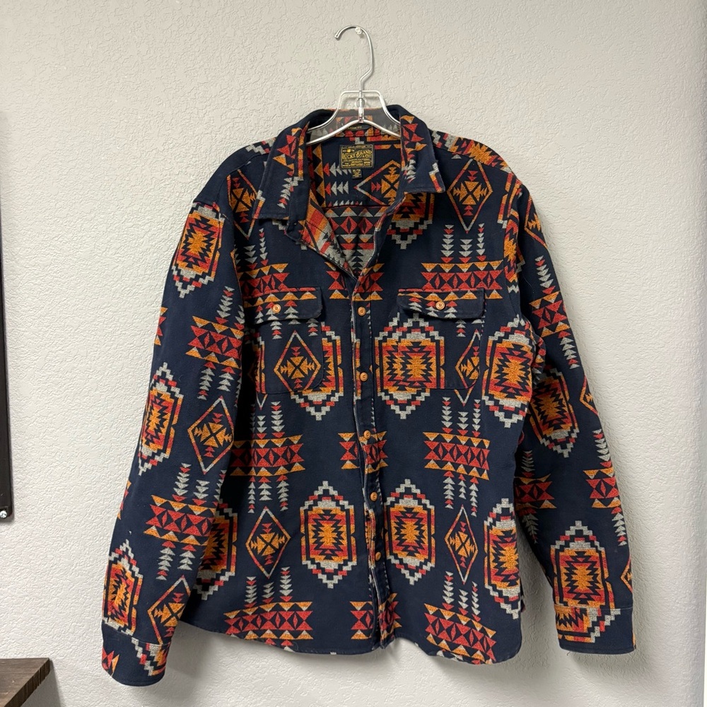 Lucky Brand Shirt Mens XL Navy Geo Print Long Sleeve High Low Collar Button Down